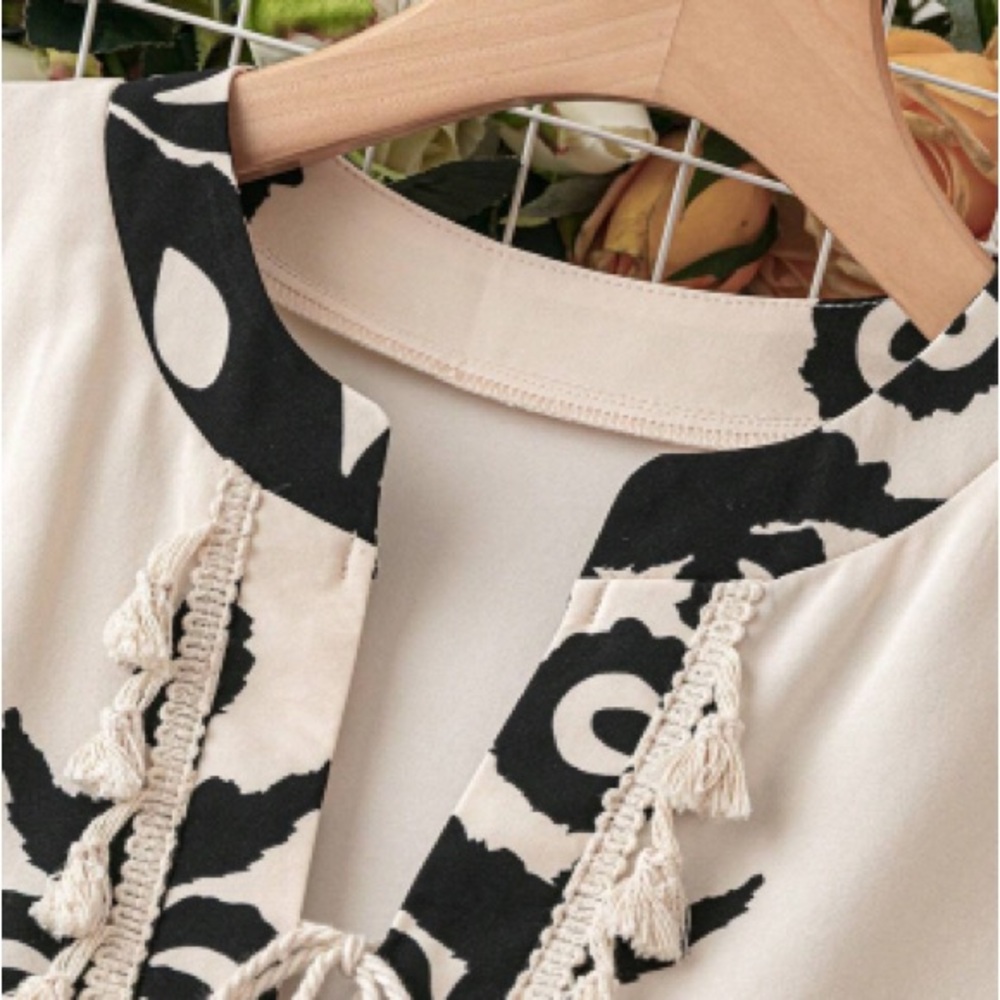- Beige Ethnic Print Notch V Neck Fringe Mini Dress - Picture 5 of 8
